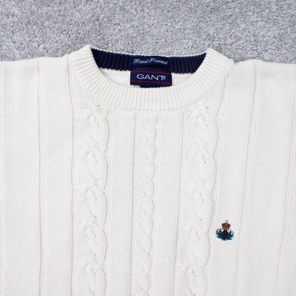 Vintage Gant Sweater Mens XL White Hand Framed 100% Cotton Cable Knit Crest 90s - Picture 5 of 11